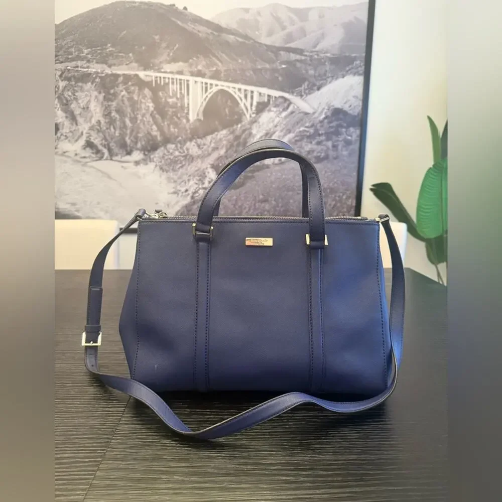 Kate Spade New York Newbury Lane Loden Bag Navy Blue Top Handle Tote Leather Bag